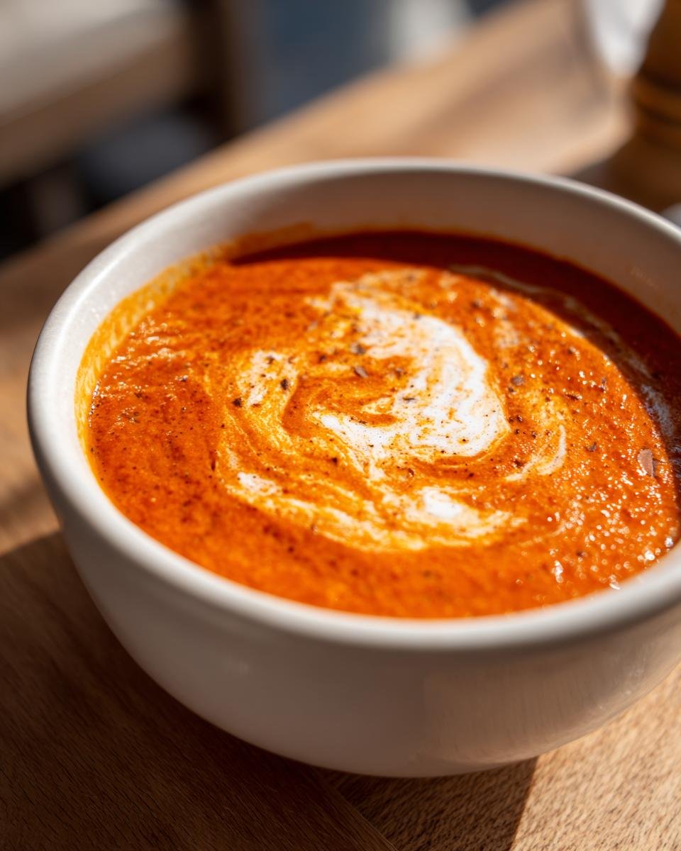 Close-up of a bowl of vibrant Roasted Tomato Basil Soup, swirled with cream and sprinkled with pepper.