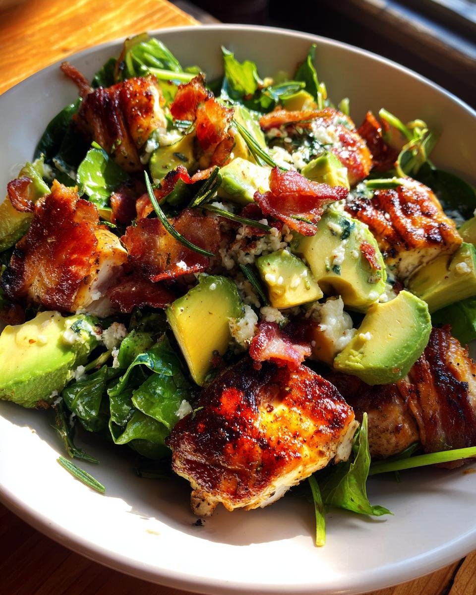 Close-up of Rosemary Chicken Bacon Avocado Salad featuring grilled chicken, avocado chunks, bacon, and greens.