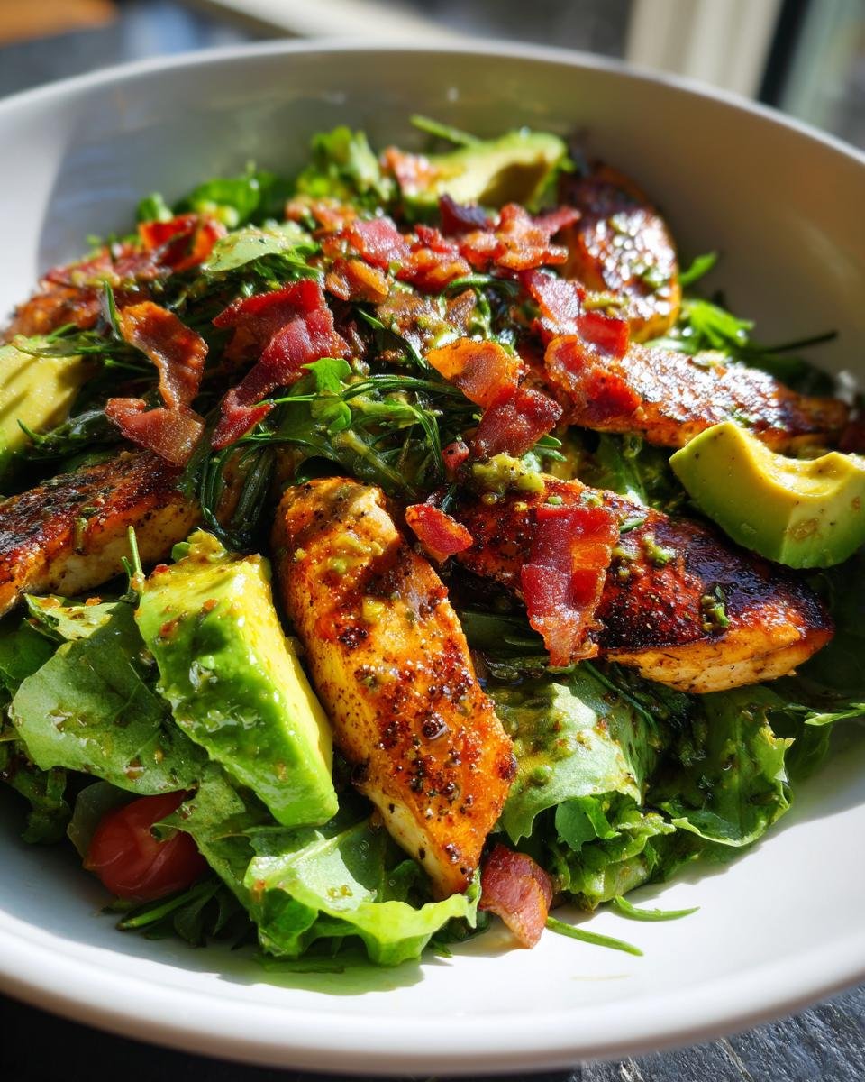 Close-up of a vibrant Rosemary Chicken Bacon Avocado Salad featuring seasoned chicken strips, crispy bacon, and fresh avocado slices.