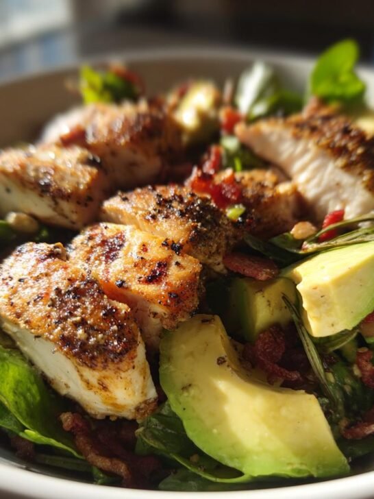 Close-up of Rosemary Chicken Bacon Avocado Salad featuring seasoned chicken pieces, avocado chunks, and crispy bacon over greens.