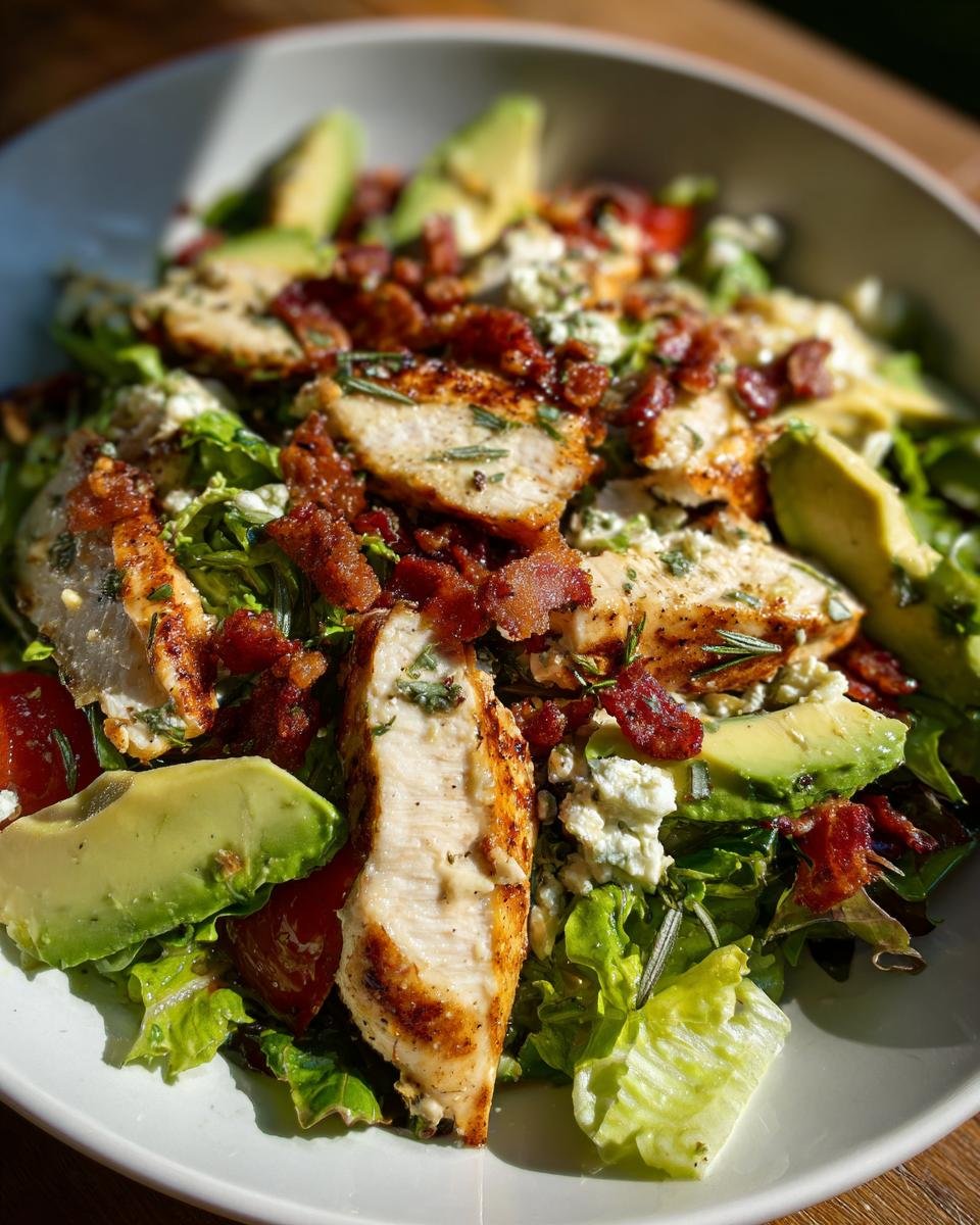 A vibrant bowl of Rosemary Chicken Bacon Avocado Salad featuring grilled chicken slices, crispy bacon, avocado, and feta cheese.