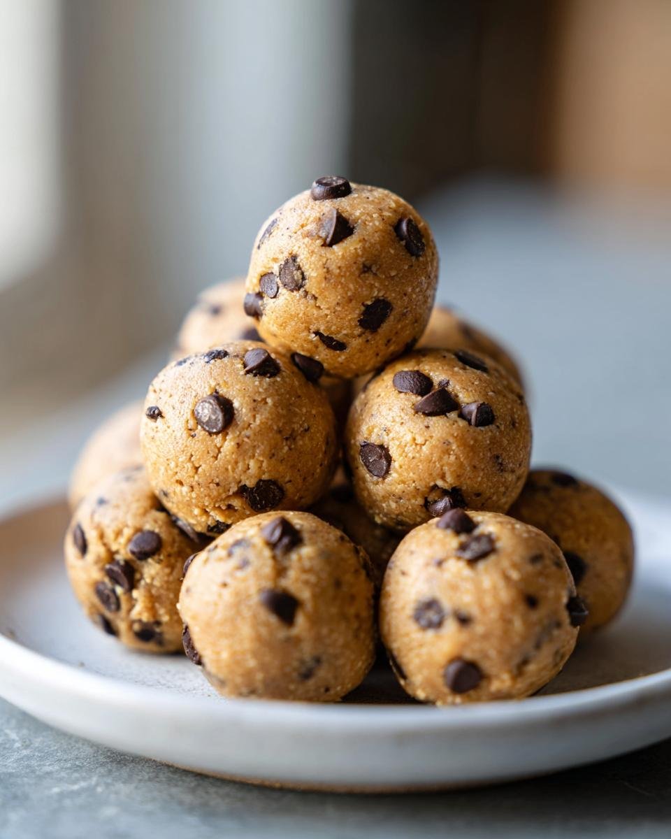 A close-up stack of homemade, safe Cookie Dough Bites loaded with mini chocolate chips on a light plate.