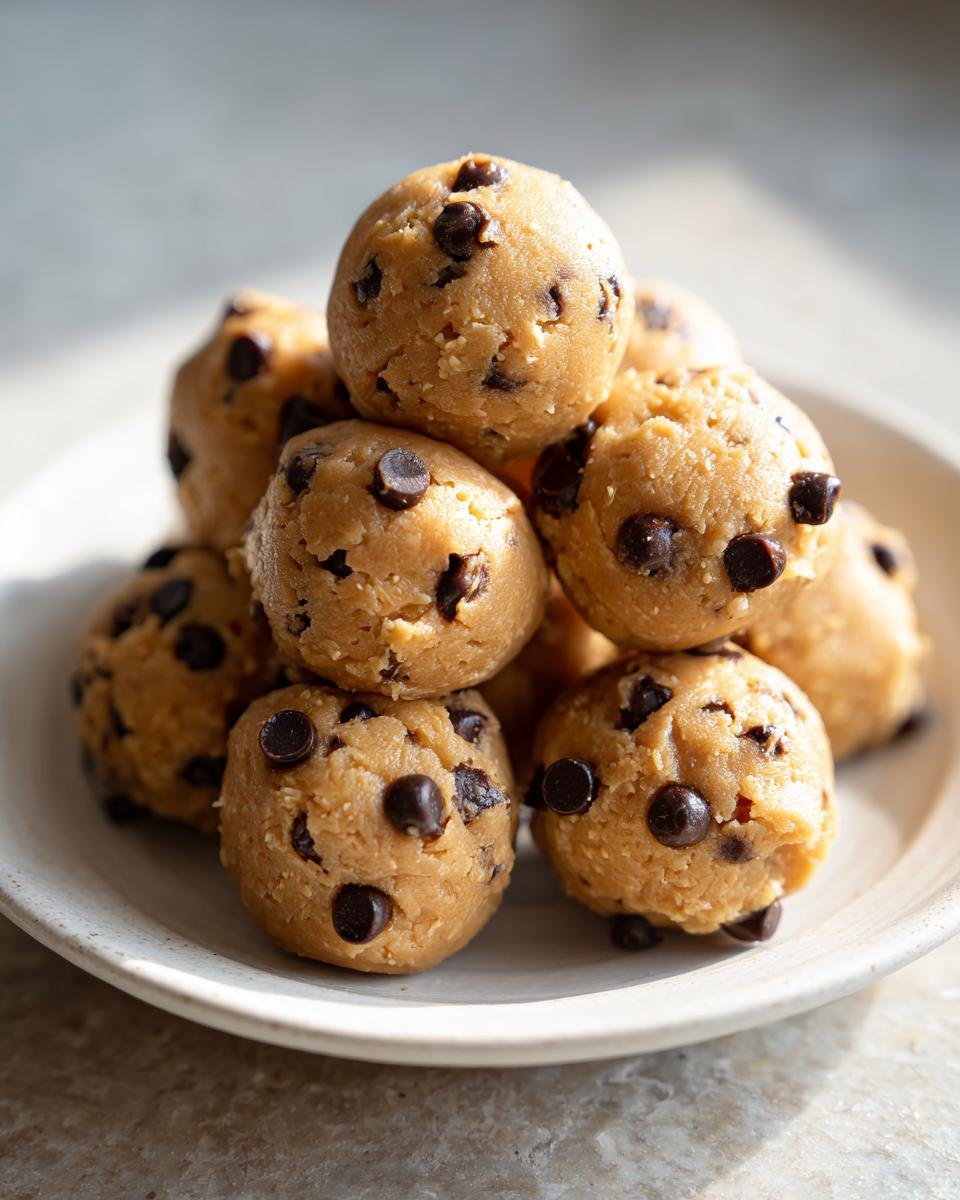 A stack of homemade, safe Cookie Dough Bites studded with mini chocolate chips on a light plate.