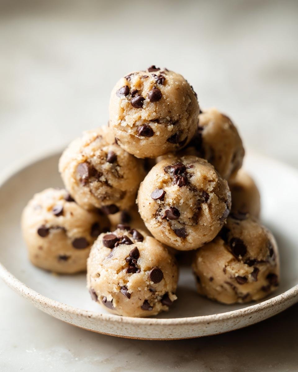 A small stack of freshly rolled, edible Cookie Dough Bites loaded with mini chocolate chips on a speckled plate.