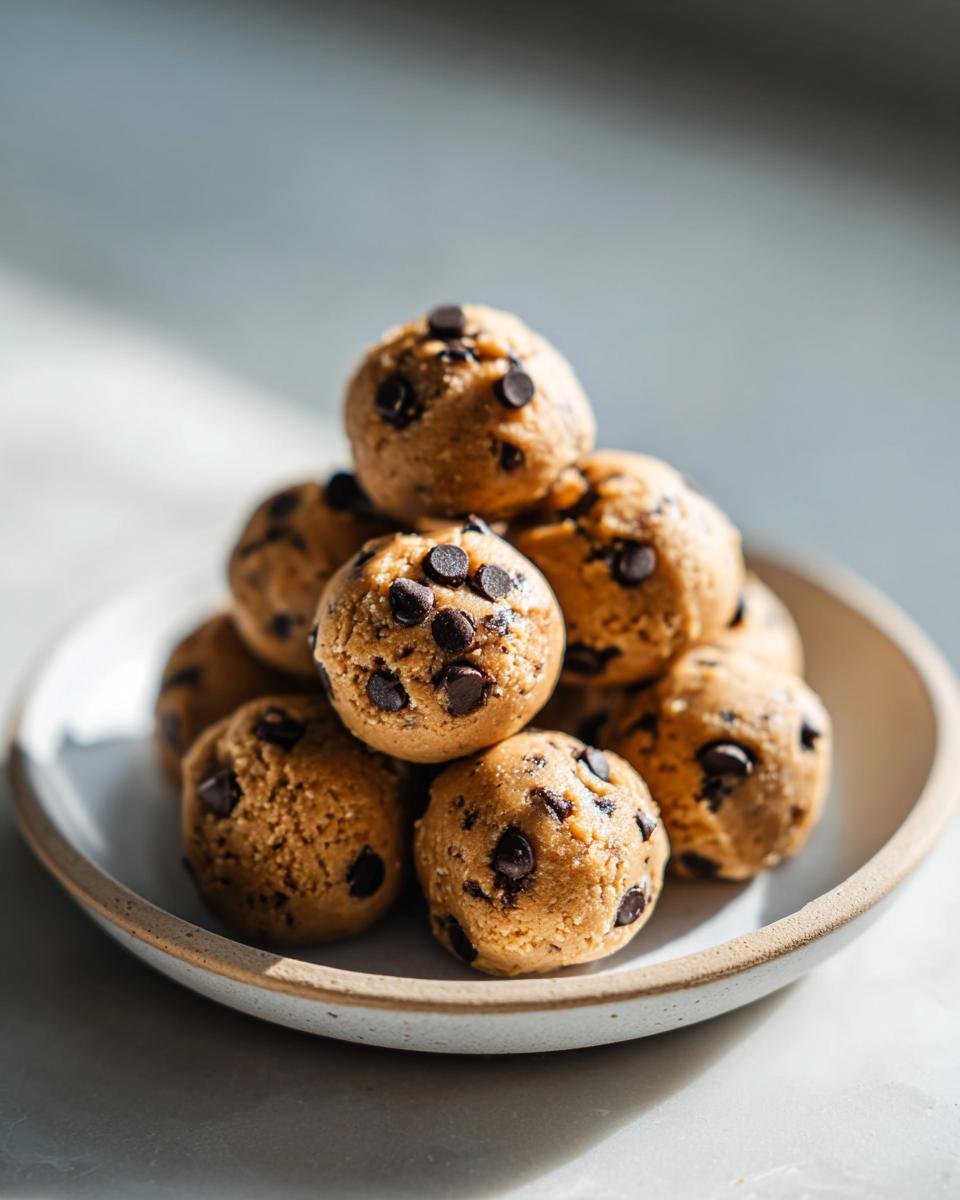 A small stack of homemade, edible Cookie Dough Bites studded with mini chocolate chips, served on a light ceramic plate.