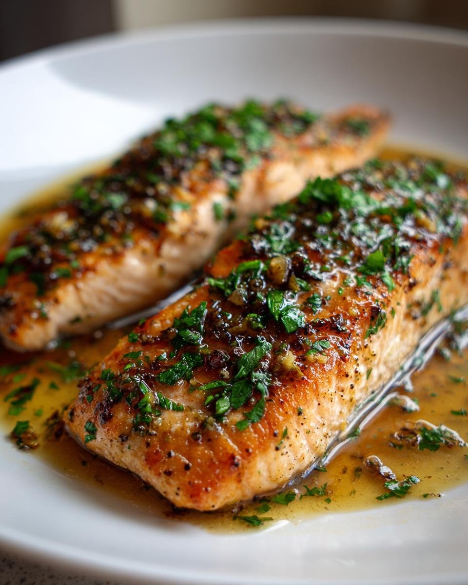 Two golden-brown fillets of Salmon Meuniere topped with fresh parsley and brown butter sauce on a white plate.