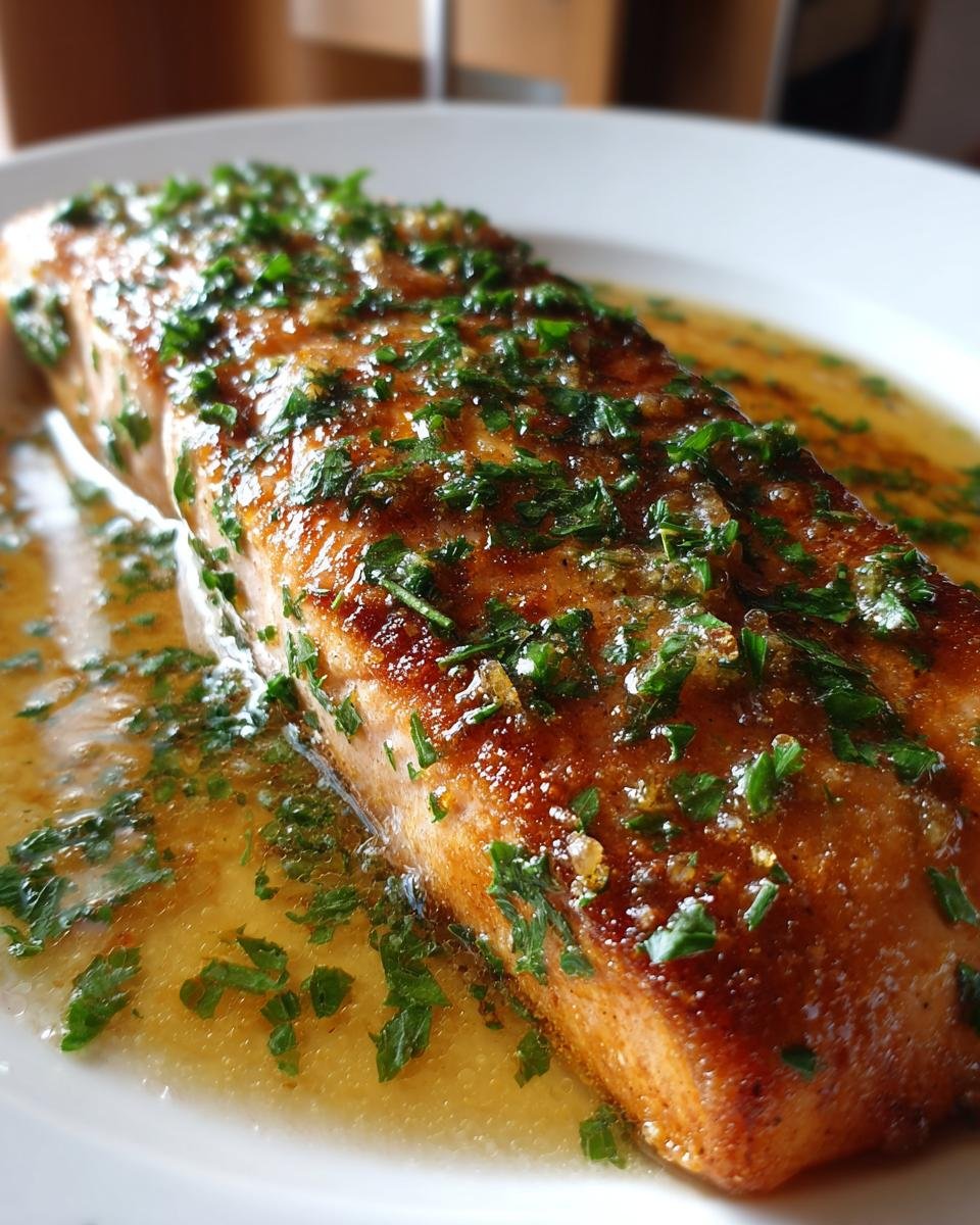 Close-up of a golden-brown fillet of Salmon Meuniere topped with fresh chopped parsley and lemon-butter sauce.