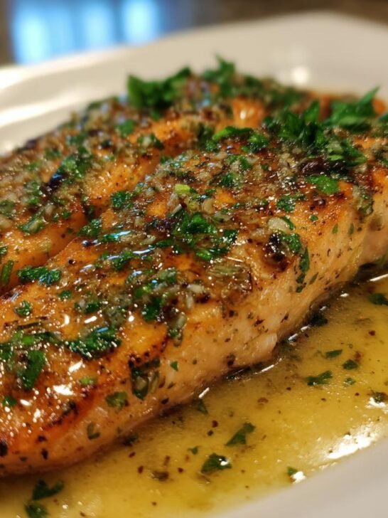 Two golden-brown fillets of Salmon Meuniere topped with parsley and lemon butter sauce on a white plate.