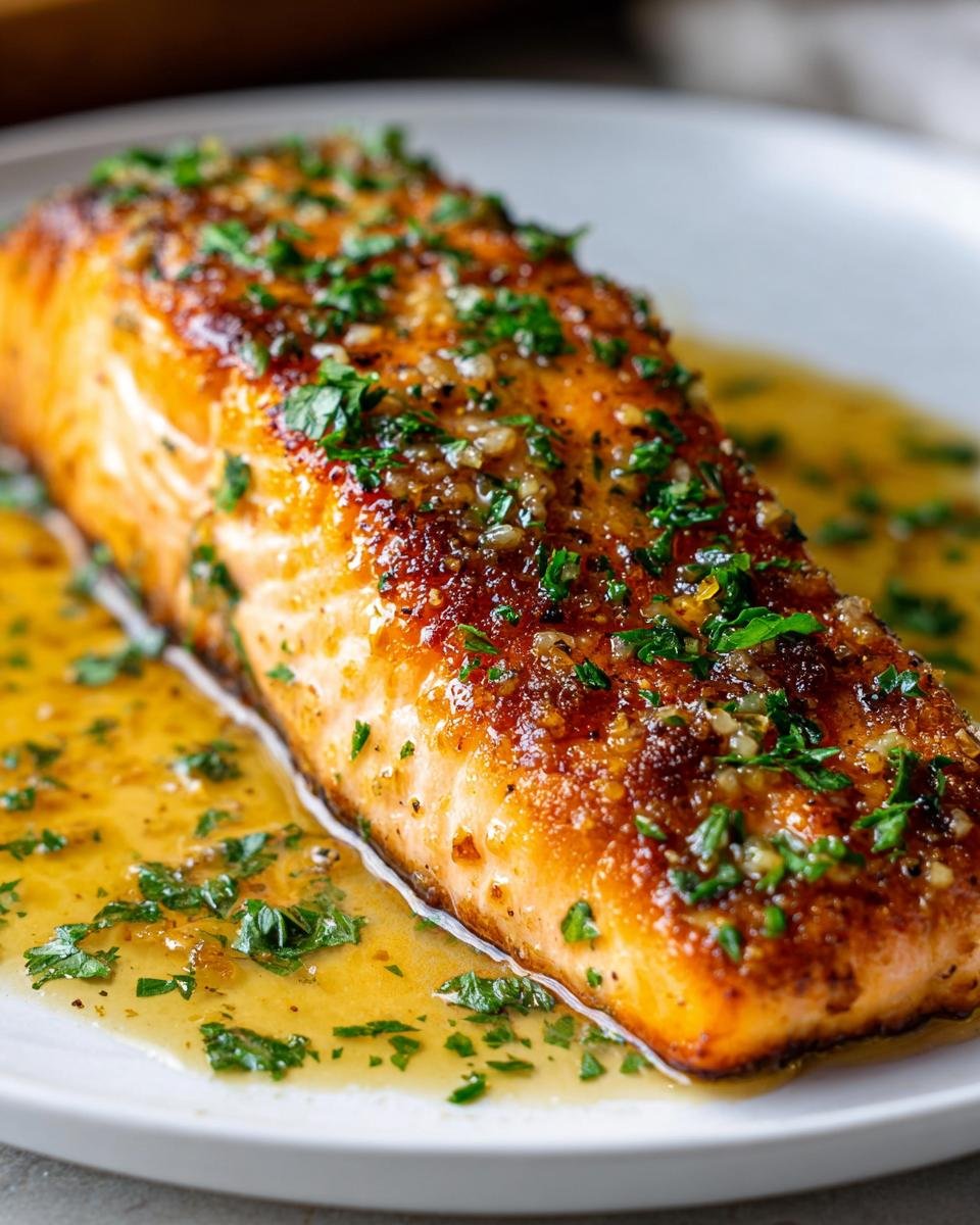 Close-up of a pan-seared Salmon Meuniere fillet topped with brown butter sauce and fresh parsley.
