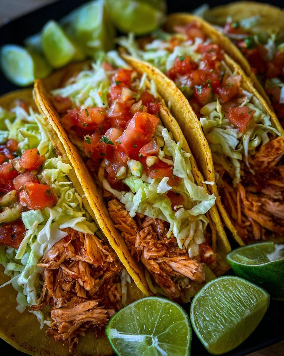 A close-up of three crispy shell Salmon Tacos filled with shredded salmon, lettuce, and pico de gallo, served with lime wedges.