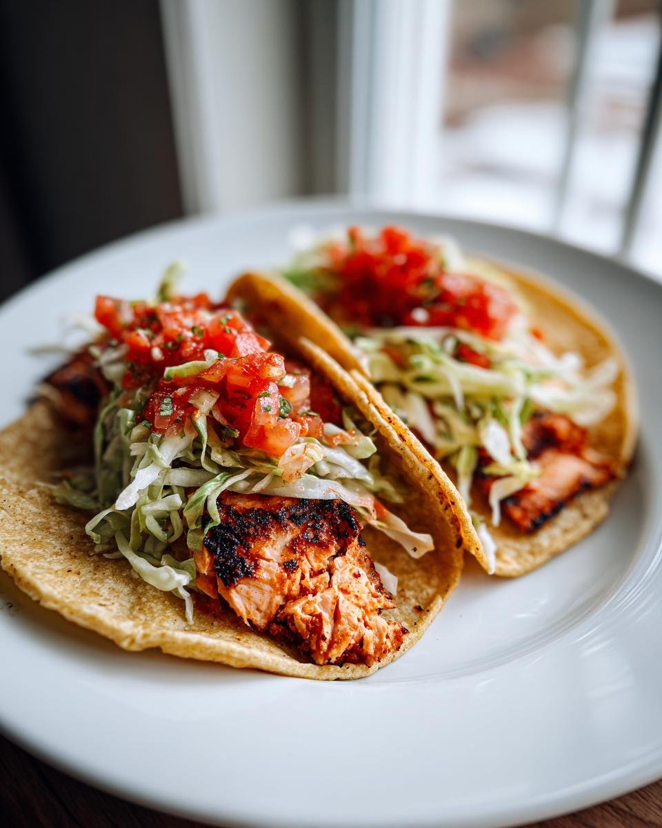 Two delicious Salmon Tacos filled with flaky grilled salmon, shredded cabbage, and fresh pico de gallo, served on a white plate.