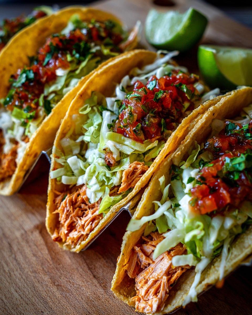 Three crispy shell Salmon Tacos filled with shredded salmon, cabbage slaw, and topped with fresh salsa, served with lime wedges.