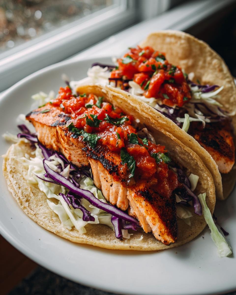 Two delicious Salmon Tacos filled with grilled salmon, shredded cabbage, and topped with fresh red salsa.