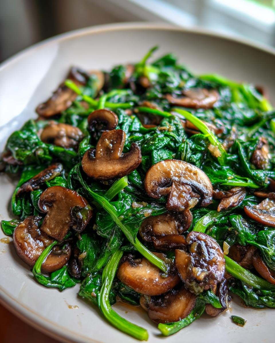 A close-up of perfectly cooked Sauteed Mushrooms Spinach served on a light-colored plate.