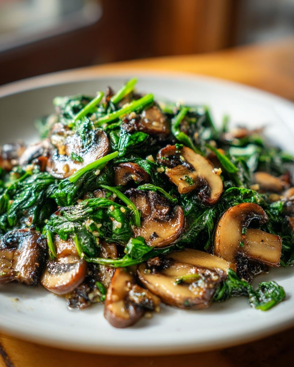Close-up of perfectly Sauteed Mushrooms Spinach mixture served on a white plate, glistening with seasoning.