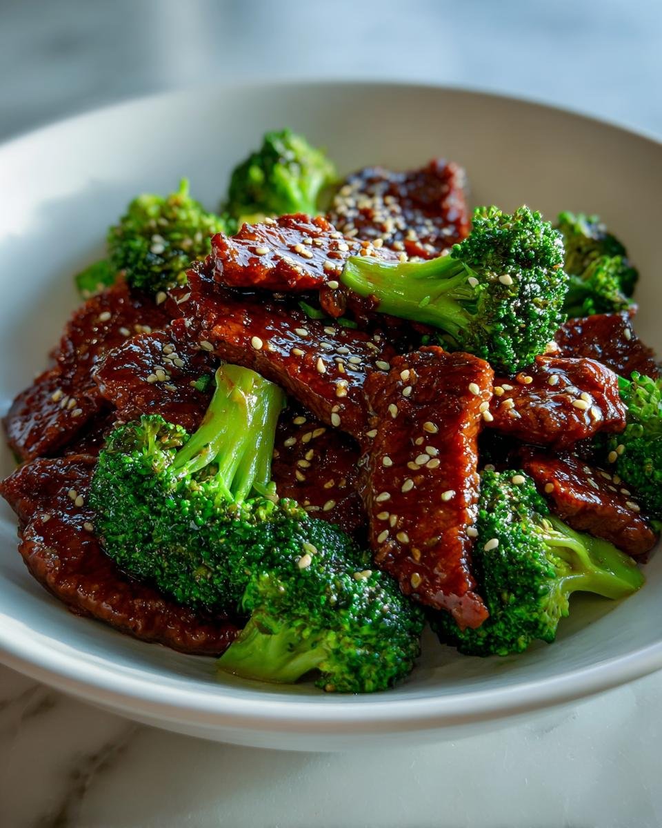 Close-up of glossy, saucy Sesame Beef And Broccoli topped with white sesame seeds in a white bowl.