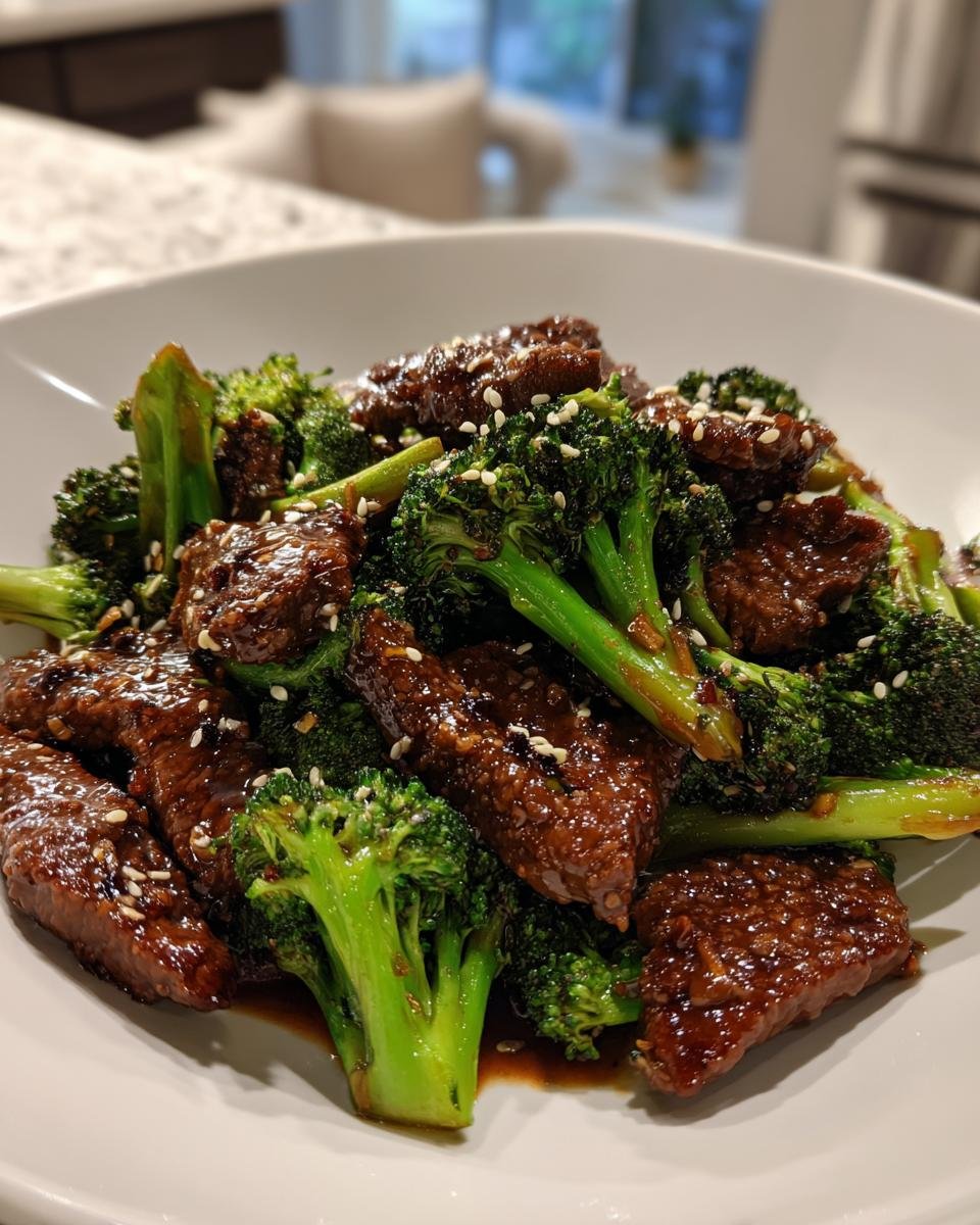 Close-up of glossy, saucy Sesame Beef And Broccoli pieces mixed with bright green florets, topped with sesame seeds.