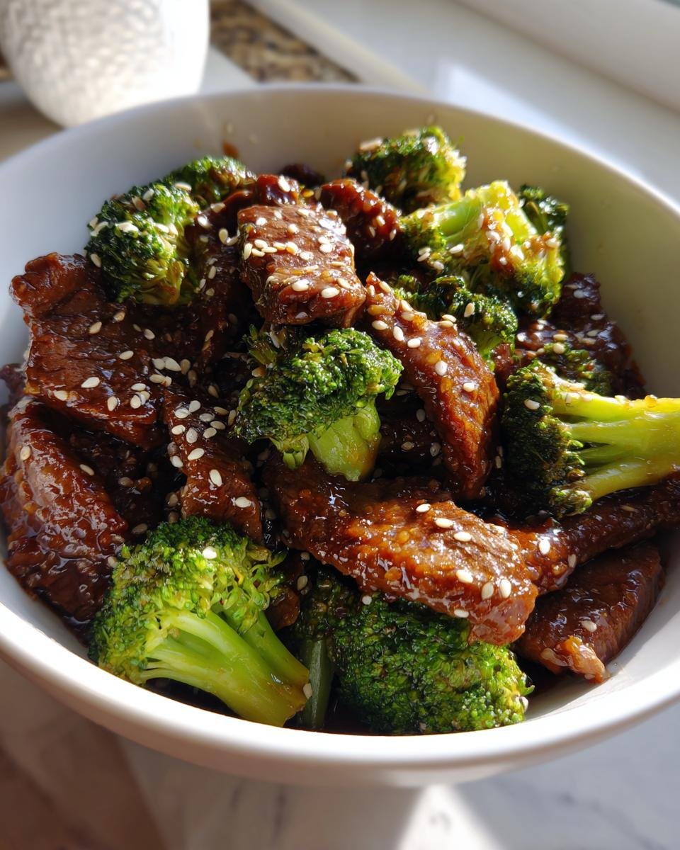 A close-up shot of glossy Sesame Beef And Broccoli tossed in sauce and sprinkled with white sesame seeds, served in a white bowl.