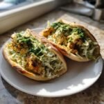 Two halves of pita bread filled with seasoned chicken chunks and creamy herby ranch slaw, ready for eating.