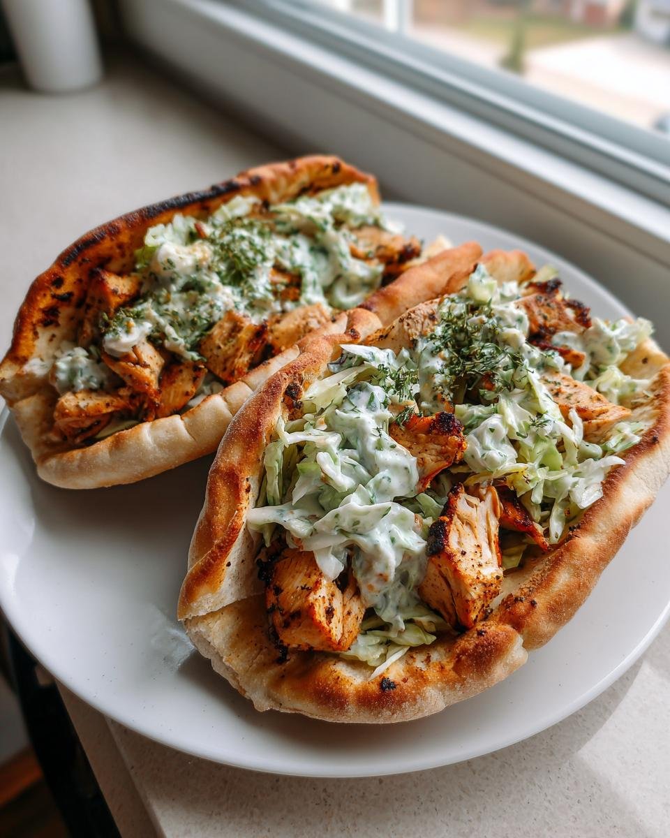 Two stuffed Sheet Pan Chicken Pitas With Herby Ranch Slaw served on a white plate near a window.