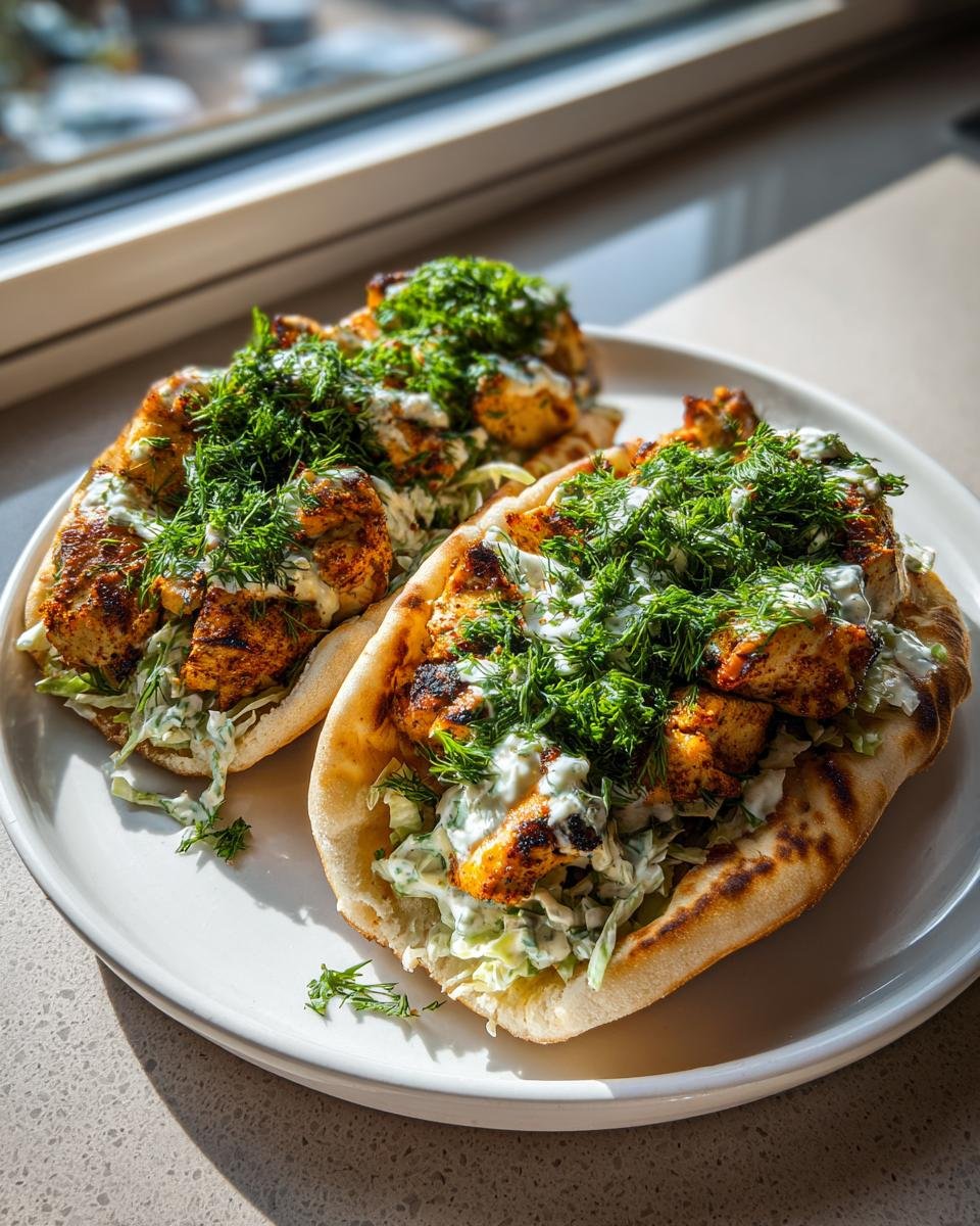 Two assembled Sheet Pan Chicken Pitas With Herby Ranch Slaw piled high with seasoned chicken, slaw, and fresh dill.