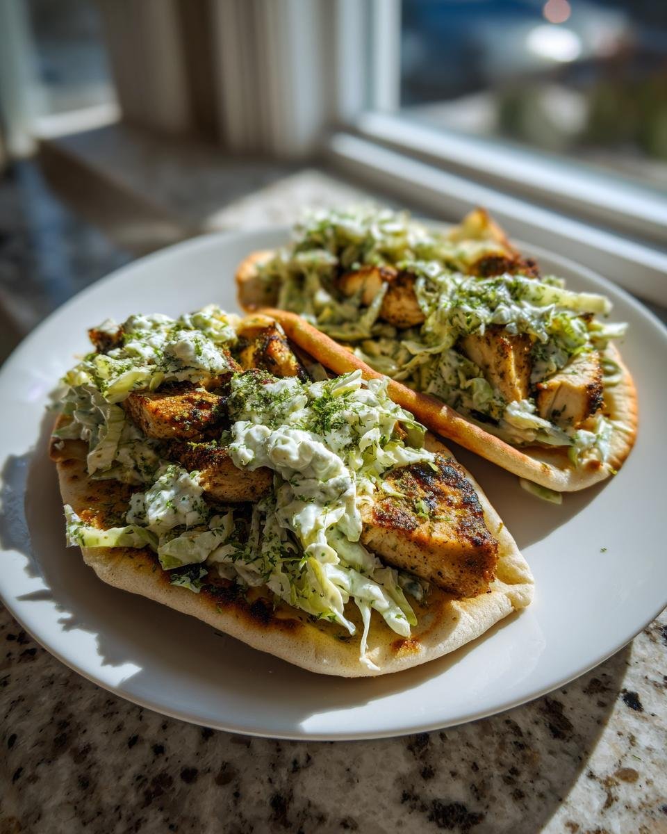 Two assembled Sheet Pan Chicken Pitas With Herby Ranch Slaw served on a white plate.