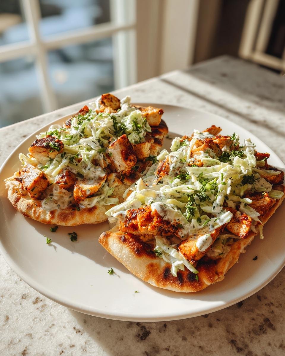 Two open-faced Sheet Pan Chicken Pitas With Herby Ranch Slaw served on a white plate.