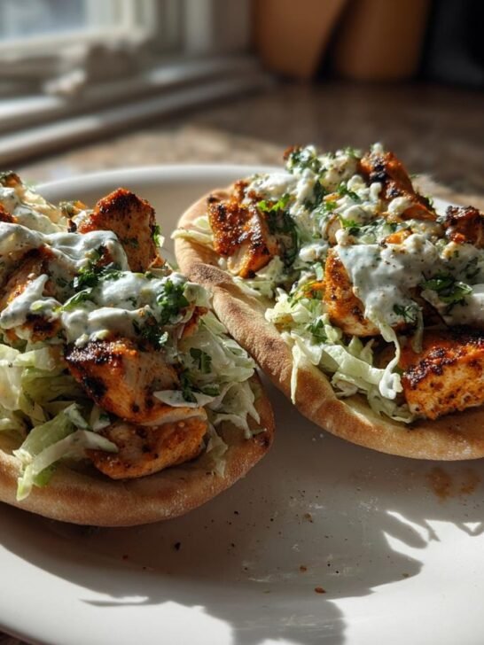Two assembled Sheet Pan Chicken Pitas With Herby Ranch Slaw topped with seasoned chicken chunks and creamy sauce.