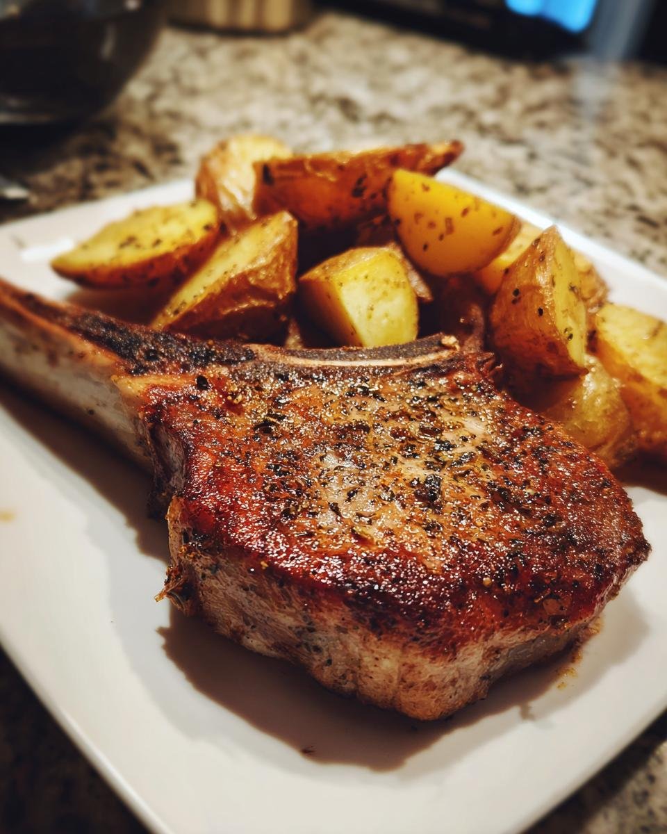 Close-up of a thick, bone-in pork chop seasoned with herbs next to roasted potatoes, part of Sheet Pan Pork Chops And Potatoes.