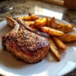 A close-up of a thick, seasoned pork chop served next to roasted potato wedges from Sheet Pan Pork Chops And Potatoes.