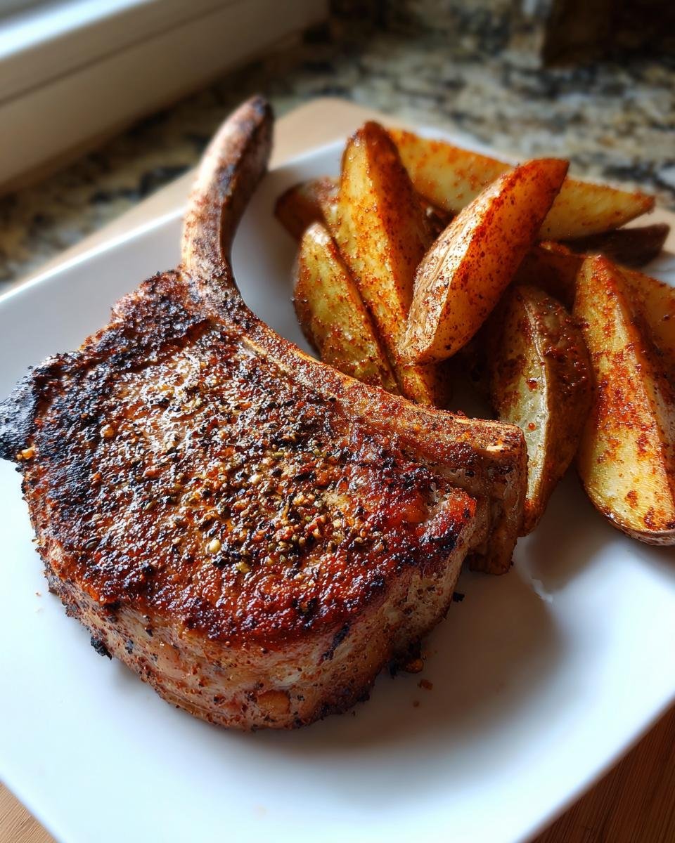 Close-up of a thick, seasoned pork chop next to seasoned potato wedges from Sheet Pan Pork Chops And Potatoes.
