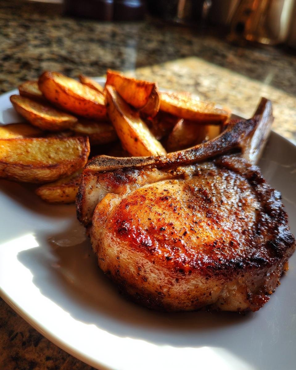 A close-up of a seared bone-in pork chop next to roasted potato wedges from the Sheet Pan Pork Chops And Potatoes recipe.