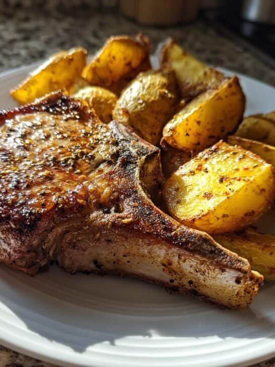 A close-up of a thick, seasoned pork chop served with golden roasted potatoes from the Sheet Pan Pork Chops And Potatoes recipe.