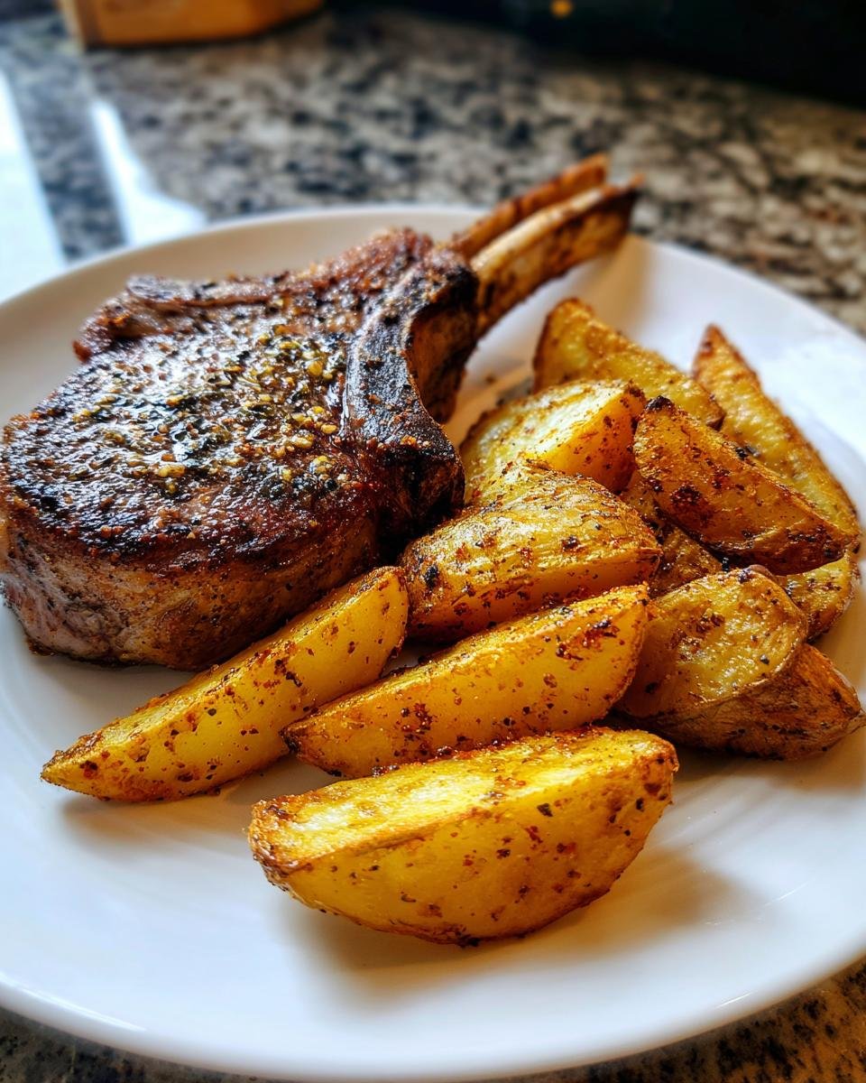 A perfectly cooked bone-in pork chop served next to seasoned potato wedges from the Sheet Pan Pork Chops And Potatoes recipe.