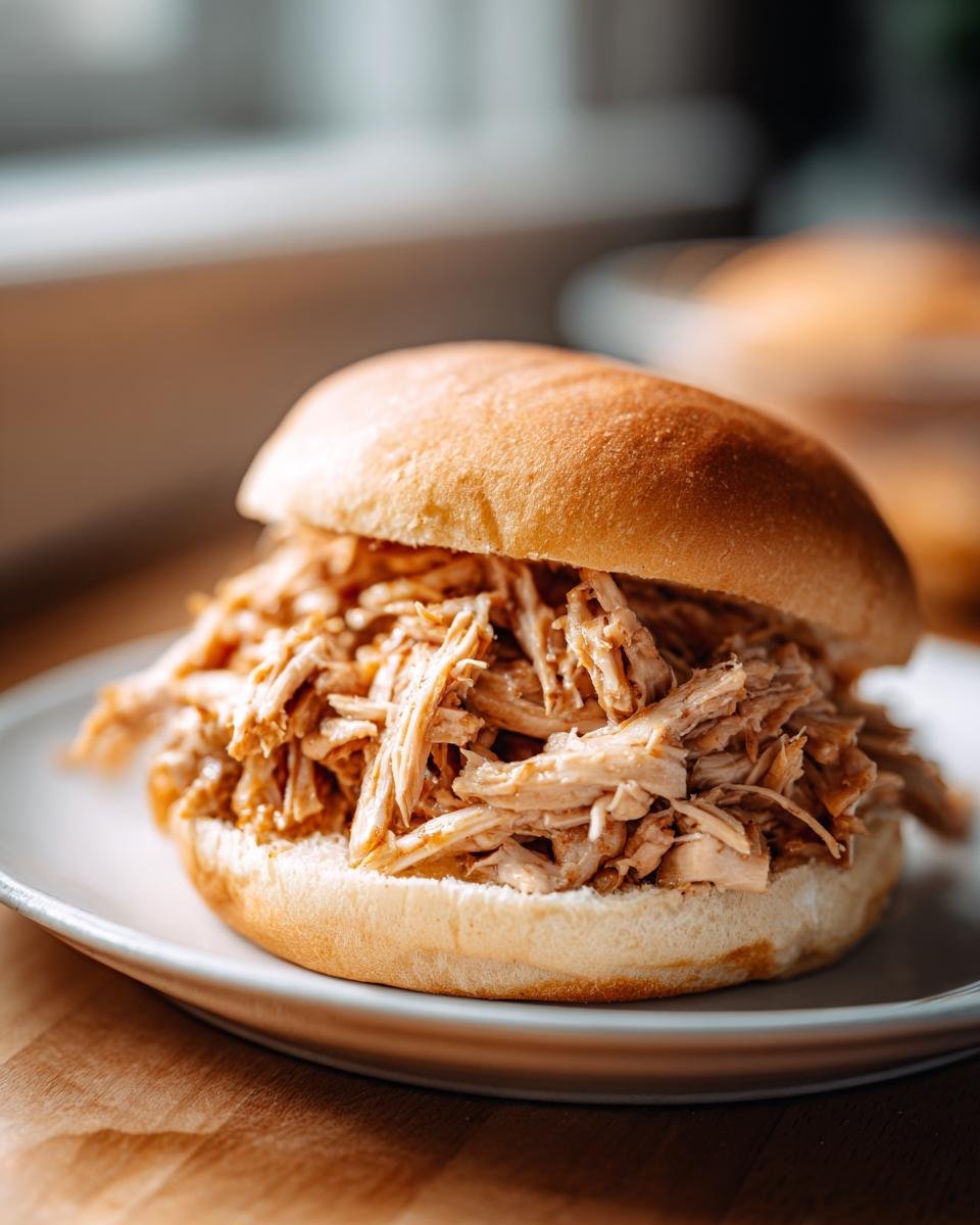 Close-up of a soft bun overflowing with saucy, tender Shredded Chicken Sandwiches filling.