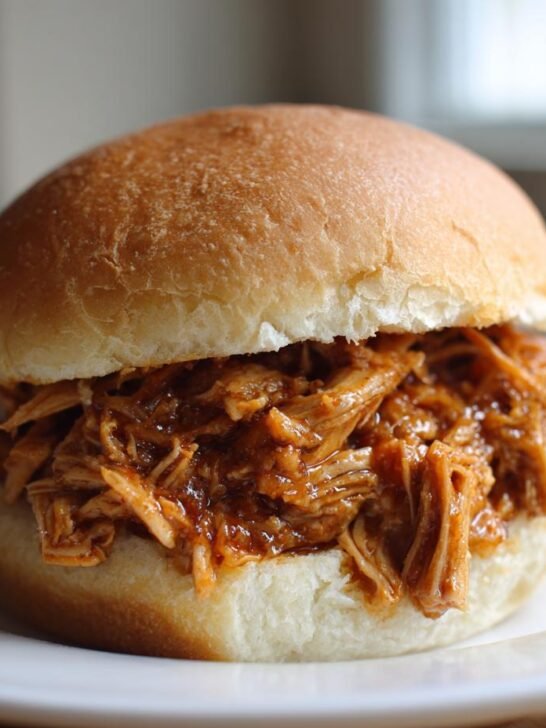 A close-up of a moist, saucy shredded chicken sandwich served on a soft white bun.