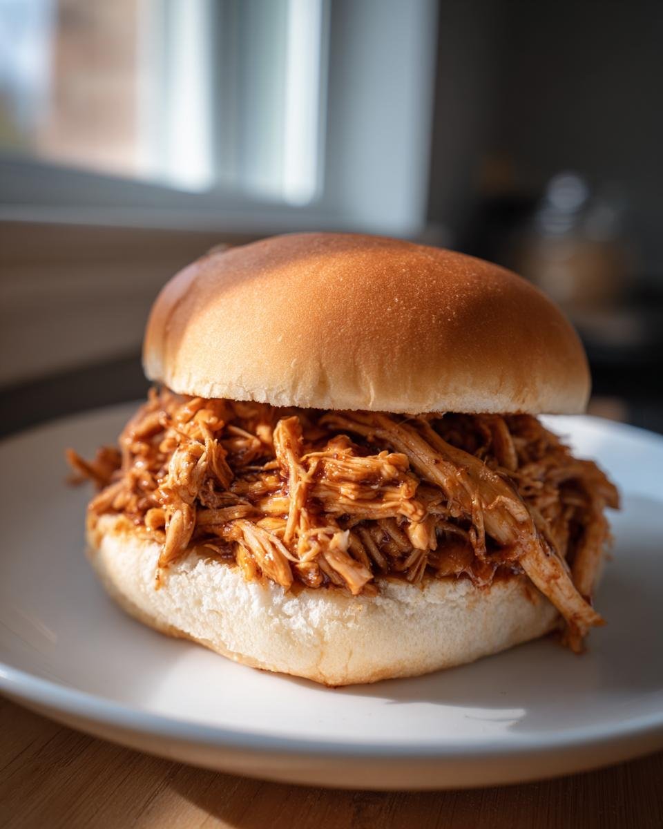 A close-up of a delicious shredded chicken sandwich piled high with saucy meat on a soft white bun.