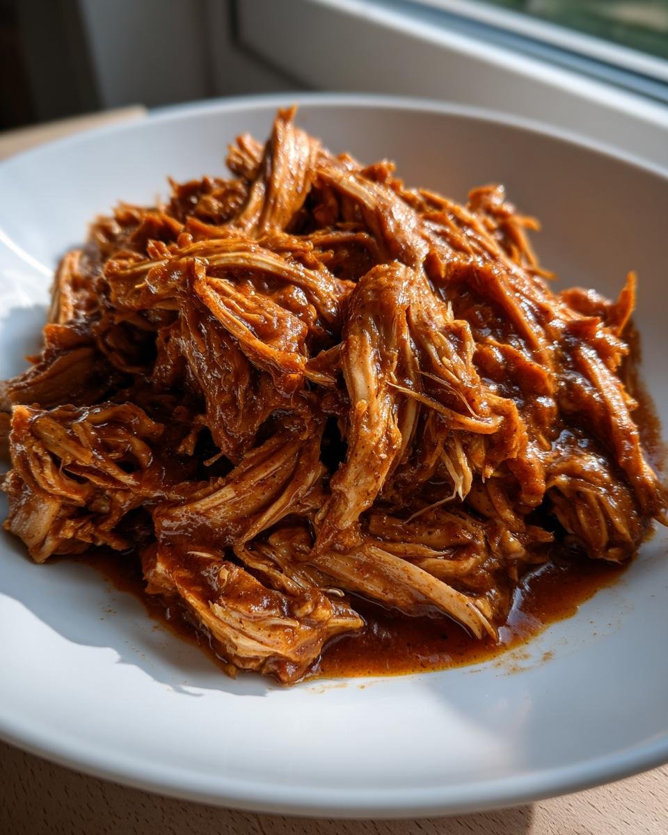 Close-up of shredded chicken coated in a rich, savory sauce, ready for the Slow Cooker Peanut Chicken Recipe.