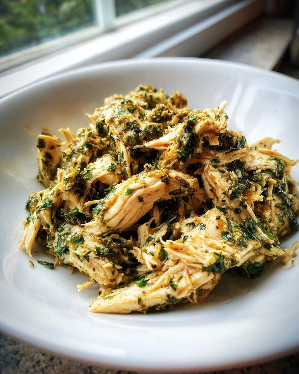 A close-up of shredded Slow Cooker Cilantro Lime Chicken coated in a vibrant green cilantro-lime sauce in a white bowl.
