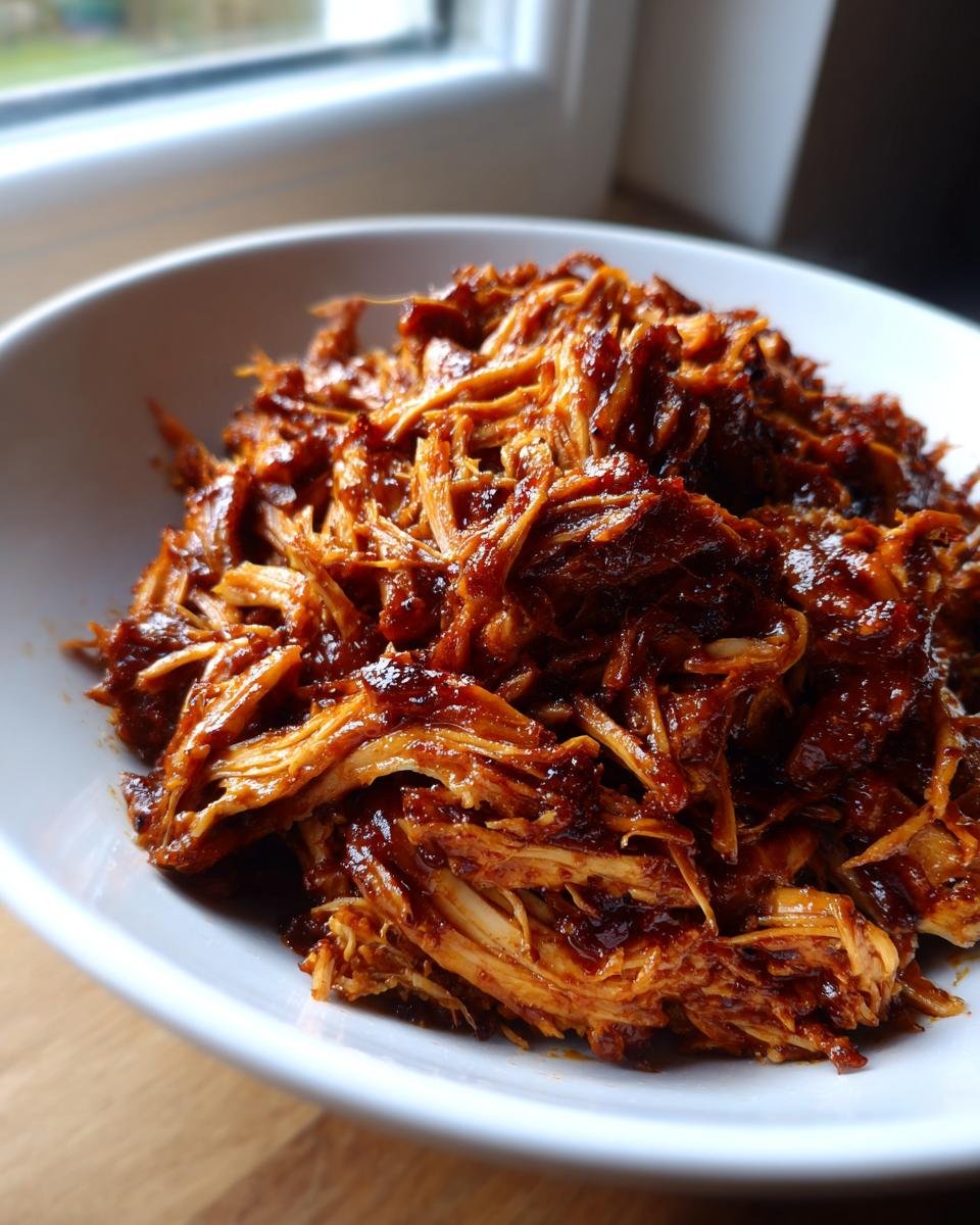 A close-up of richly sauced, shredded Slow Cooker Jerk Chicken piled high in a white bowl.