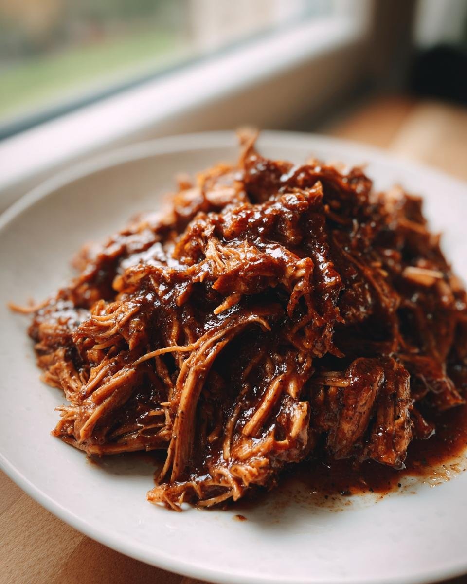 Close-up of tender, shredded Slow Cooker Jerk Chicken coated in a rich, dark sauce on a white plate.