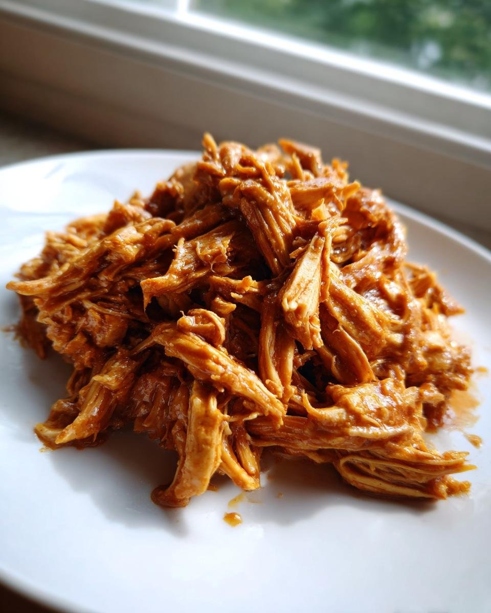 A mound of shredded chicken coated in a rich, savory sauce, ready for serving in our Slow Cooker Peanut Chicken Recipe.