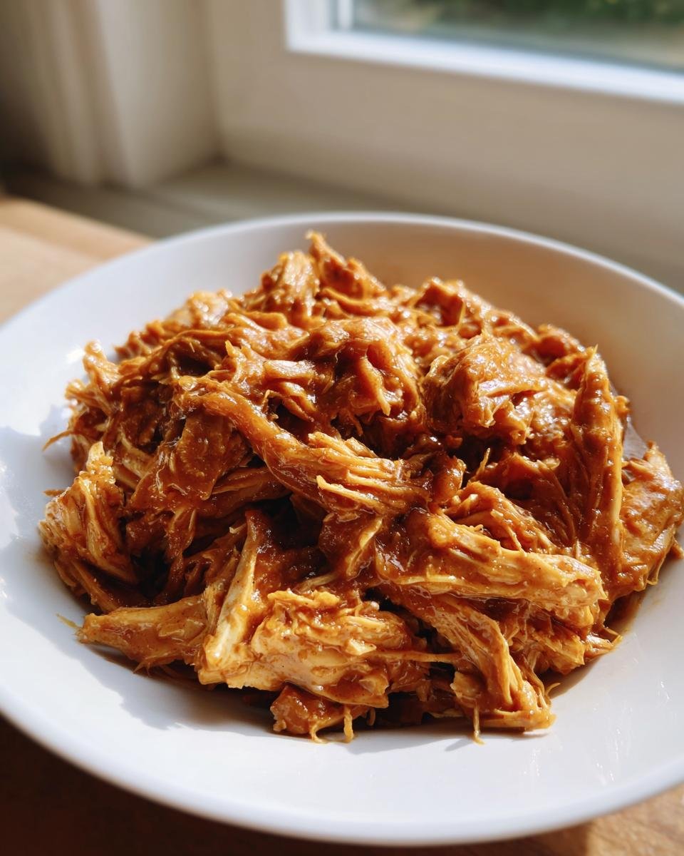 A close-up of shredded chicken coated in a rich peanut sauce, ready to serve in a white bowl, part of the Slow Cooker Peanut Chicken Recipe.