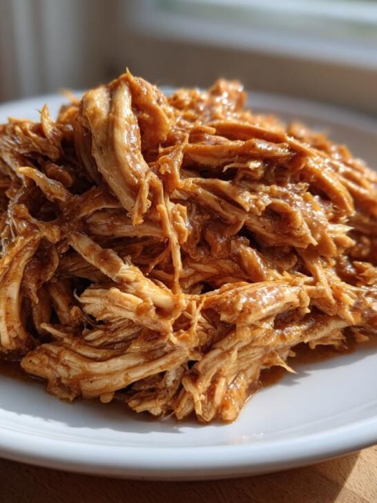 A close-up of shredded Slow Cooker Peanut Chicken coated in a rich, glossy sauce served on a white plate.