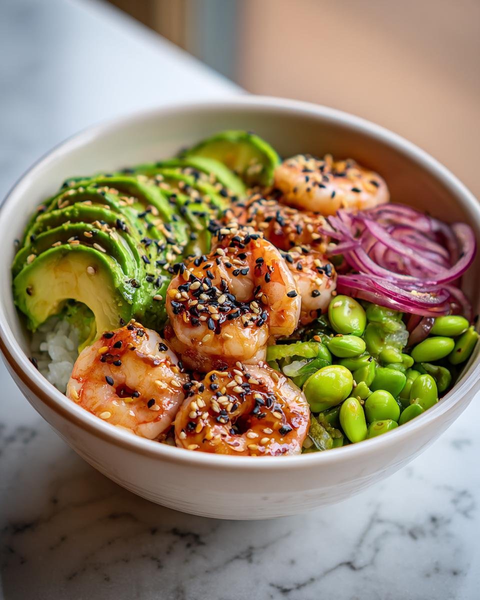 Close-up of a vibrant Shrimp Poke Bowl featuring glazed shrimp, sliced avocado, edamame, and red onion.