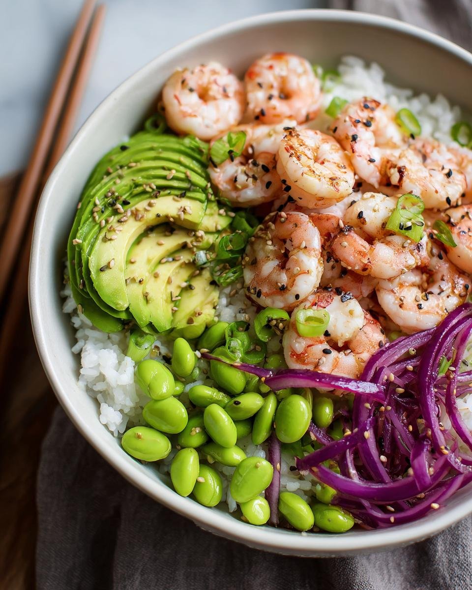 Close-up of a colorful Shrimp Poke Bowl featuring rice, cooked shrimp, sliced avocado, edamame, and pickled red onions.