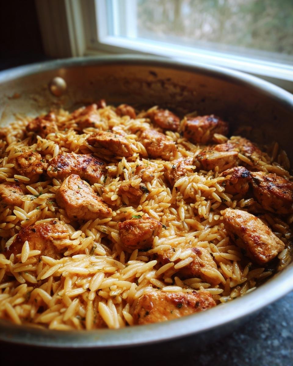 Close-up of pan-cooked Chicken And Orzo mixed together with seasoned, browned chicken pieces.