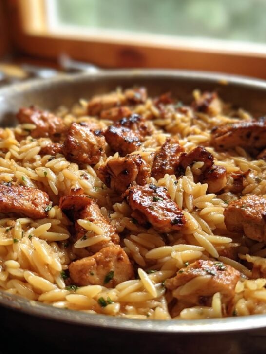 Close-up of pan-seared Chicken And Orzo mixed together, garnished with herbs, ready to eat.