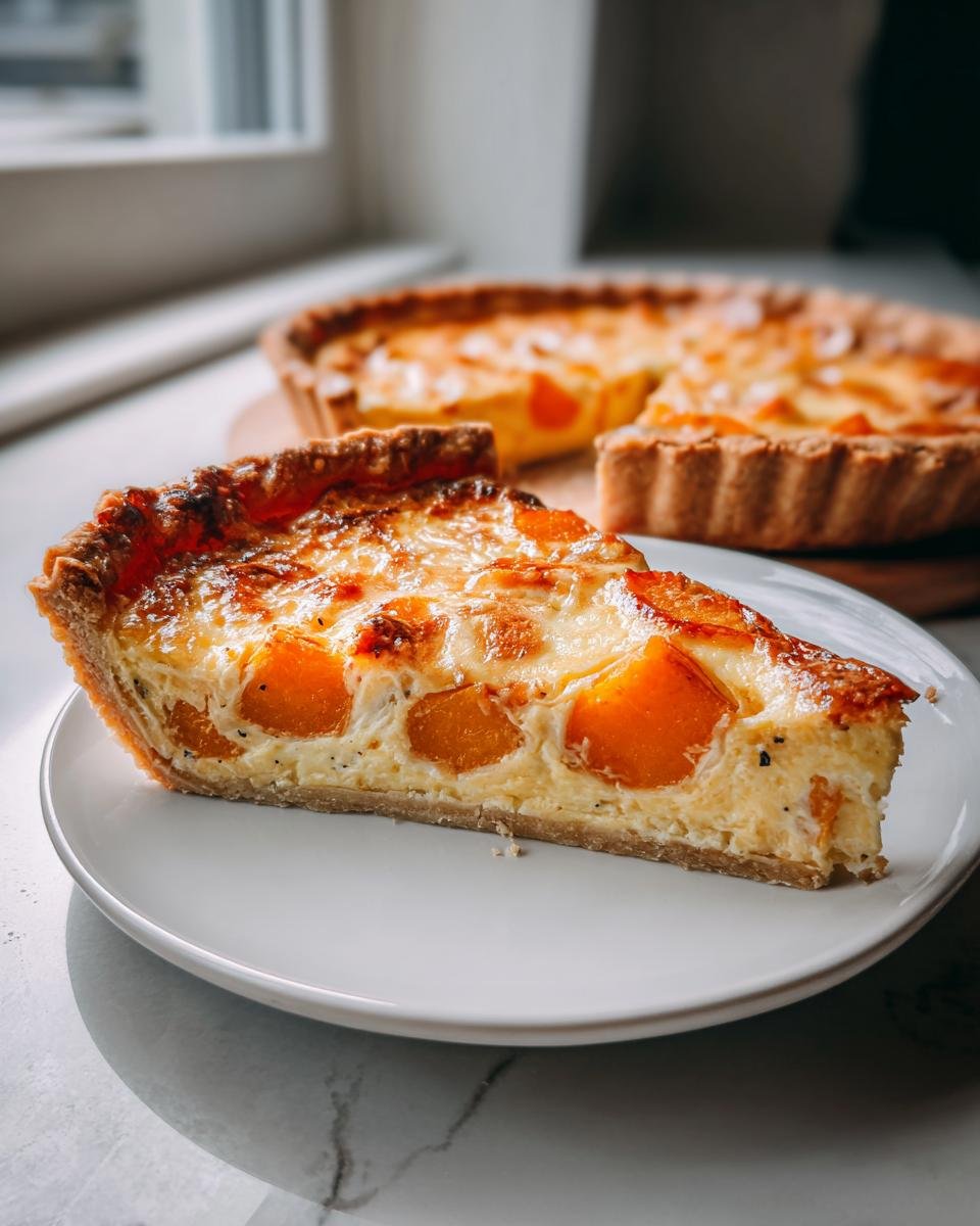 A close-up of a slice of Butternut Squash Quiche with visible orange squash pieces in a creamy filling, served on a white plate.