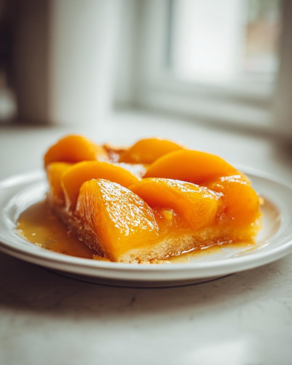 A slice of cake or pastry topped generously with glossy, bright orange Peach Pie Filling.